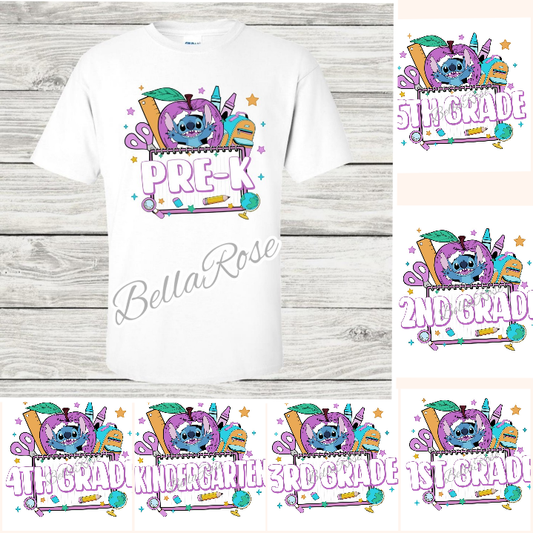1003-Blue Alien Purple Apple Back to School Shirt